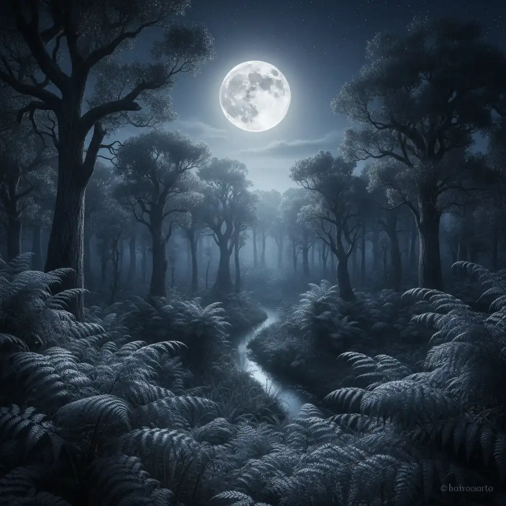 Full moon illuminating New Zealand native forest for rongoa harvesting