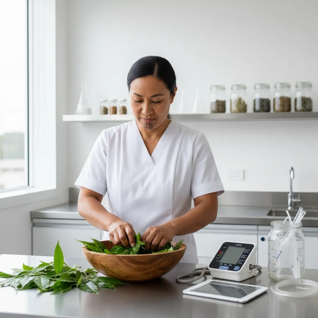 Rongoā Māori practitioner preparing traditional herbs in a hospital setting