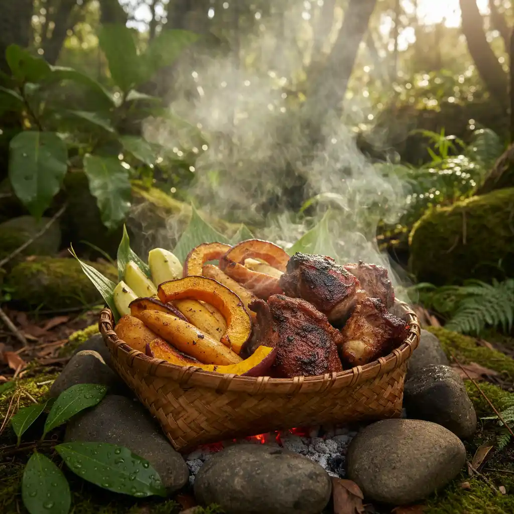 Traditional Māori hāngī food featuring kūmara and proteins