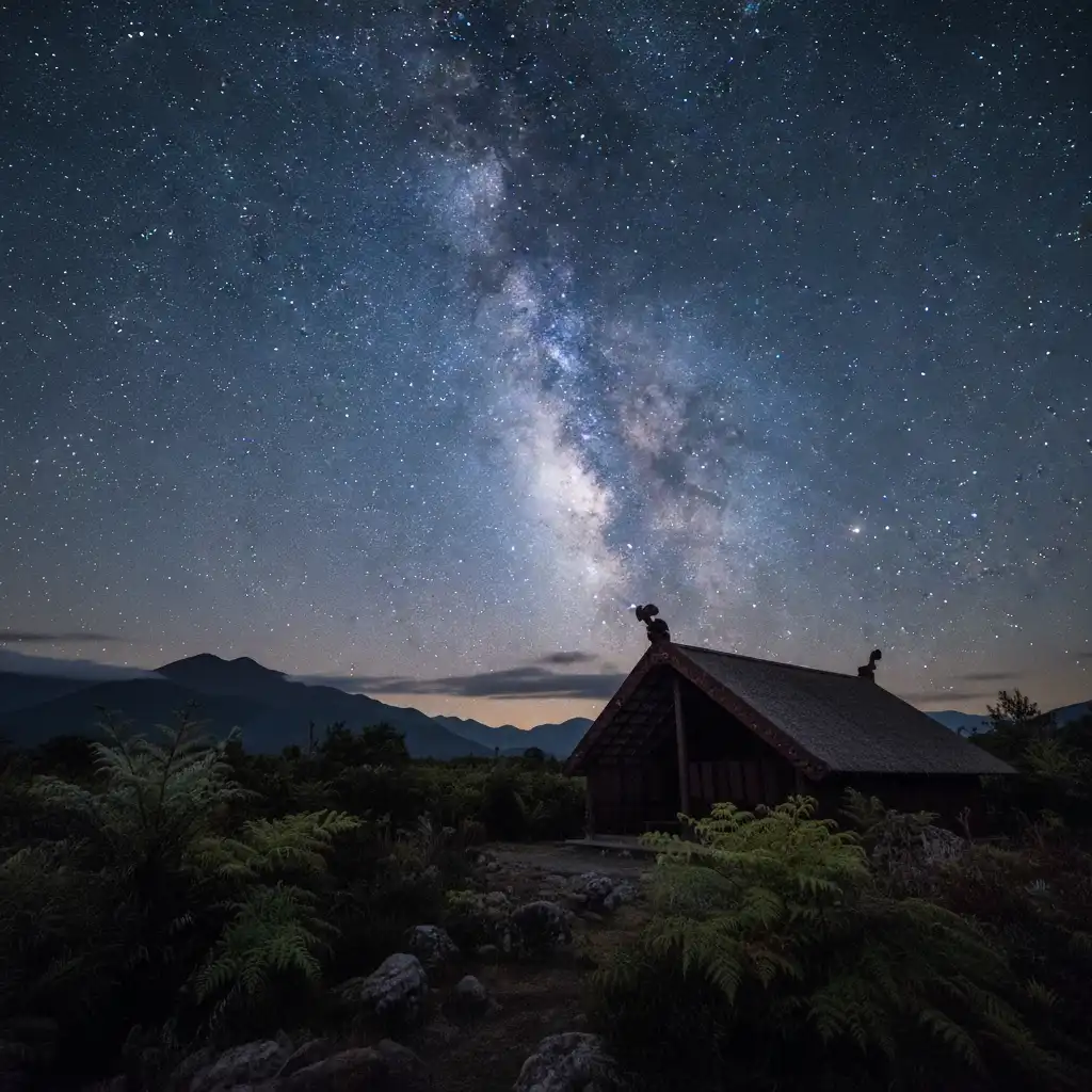 Te Pō darkness over a traditional Māori landscape