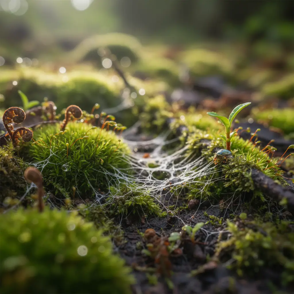 Detailed view of New Zealand forest soil microbiome and mycelium