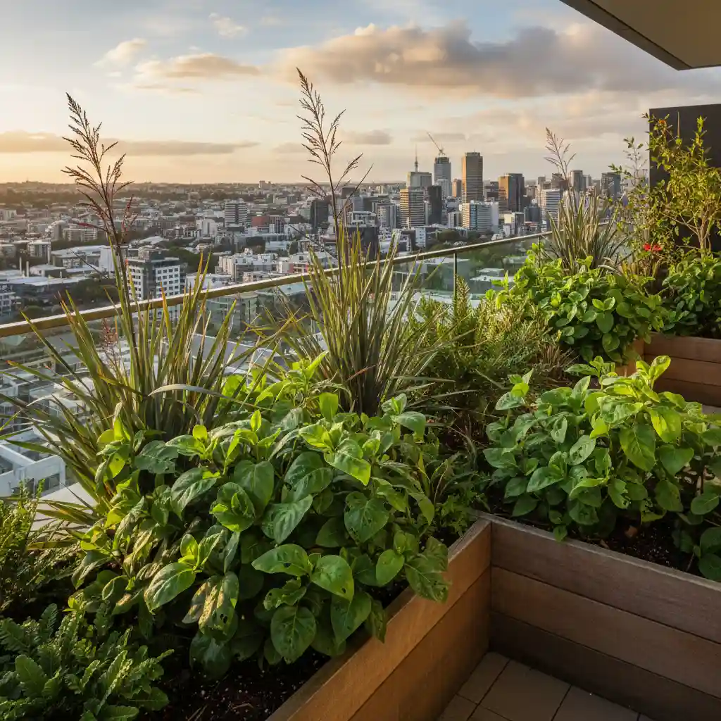 Urban rongoa garden on a city balcony featuring Kawakawa and Harakeke