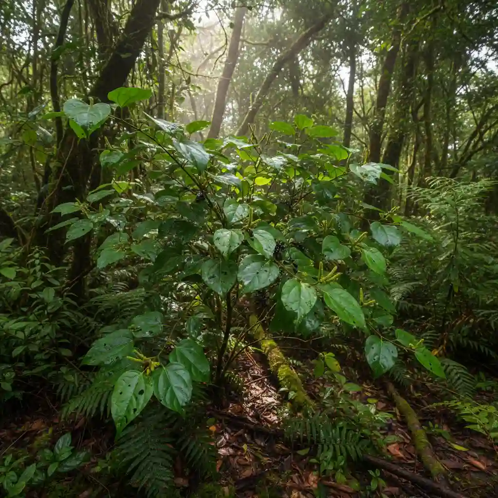 A healthy Kawakawa shrub growing in a native forest environment