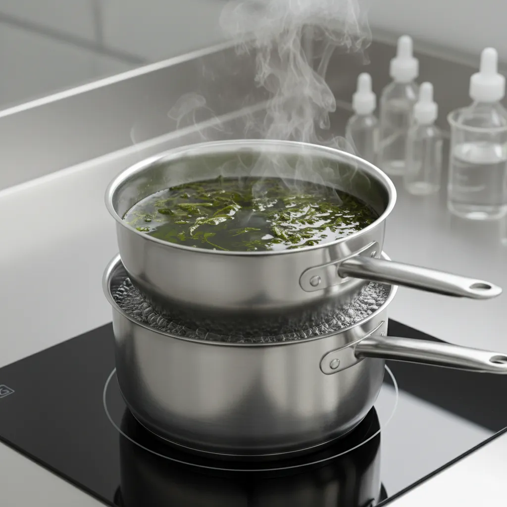 Double boiler herbal infusion setup for kawakawa balm