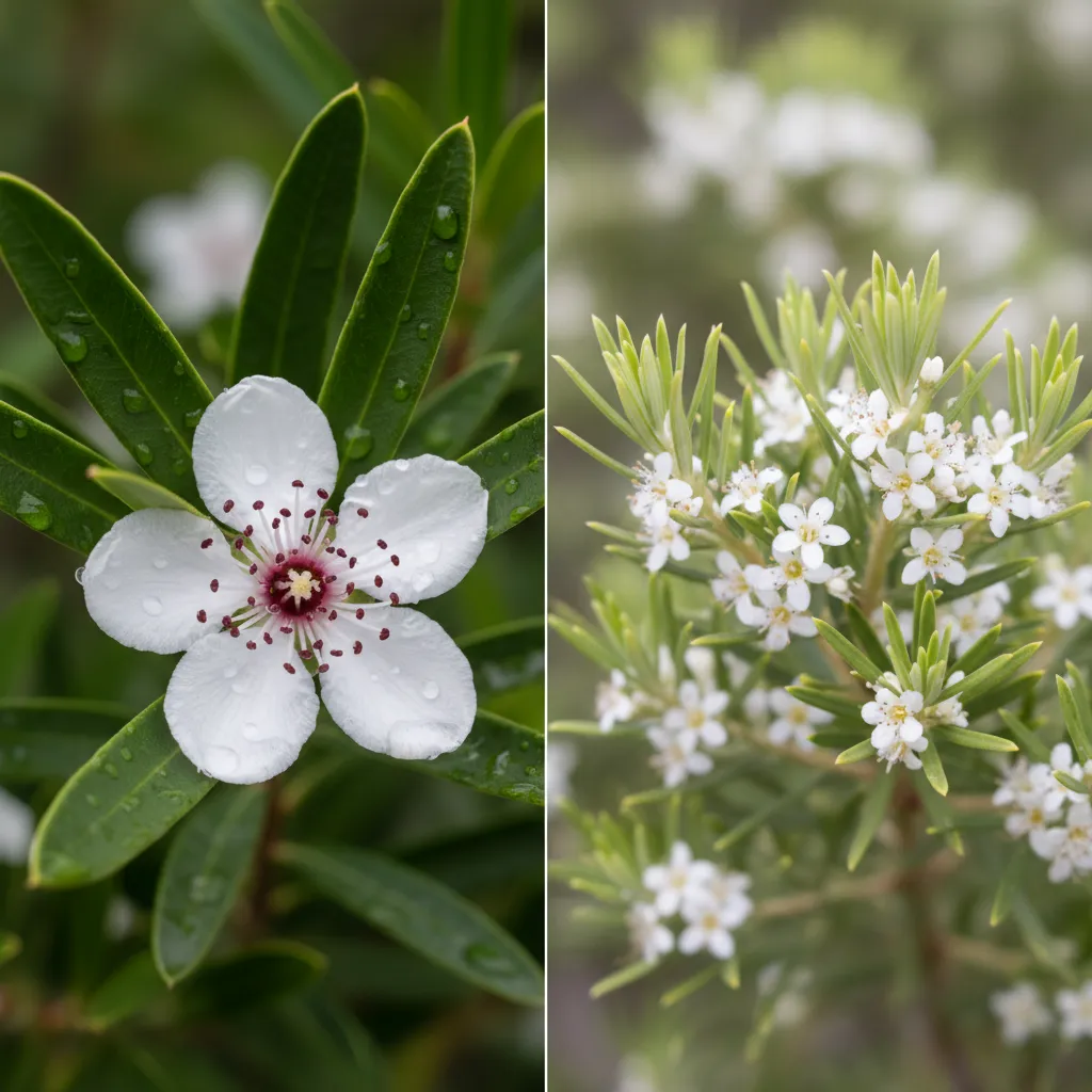 Macro comparison of Manuka and Kanuka leaves and flowers