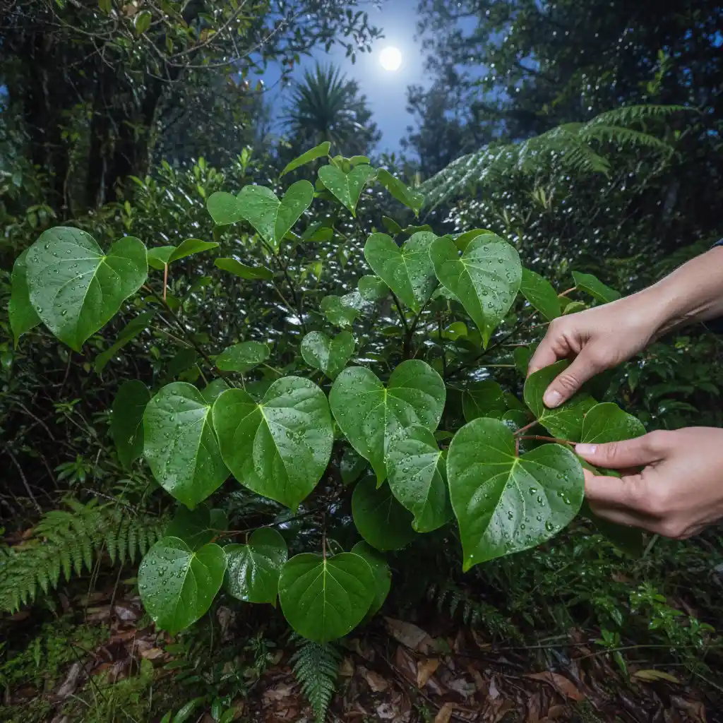 Harvesting Kawakawa leaves during the full moon phase
