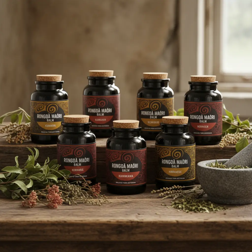 Jars of authentic rongoa maori products on a wooden table