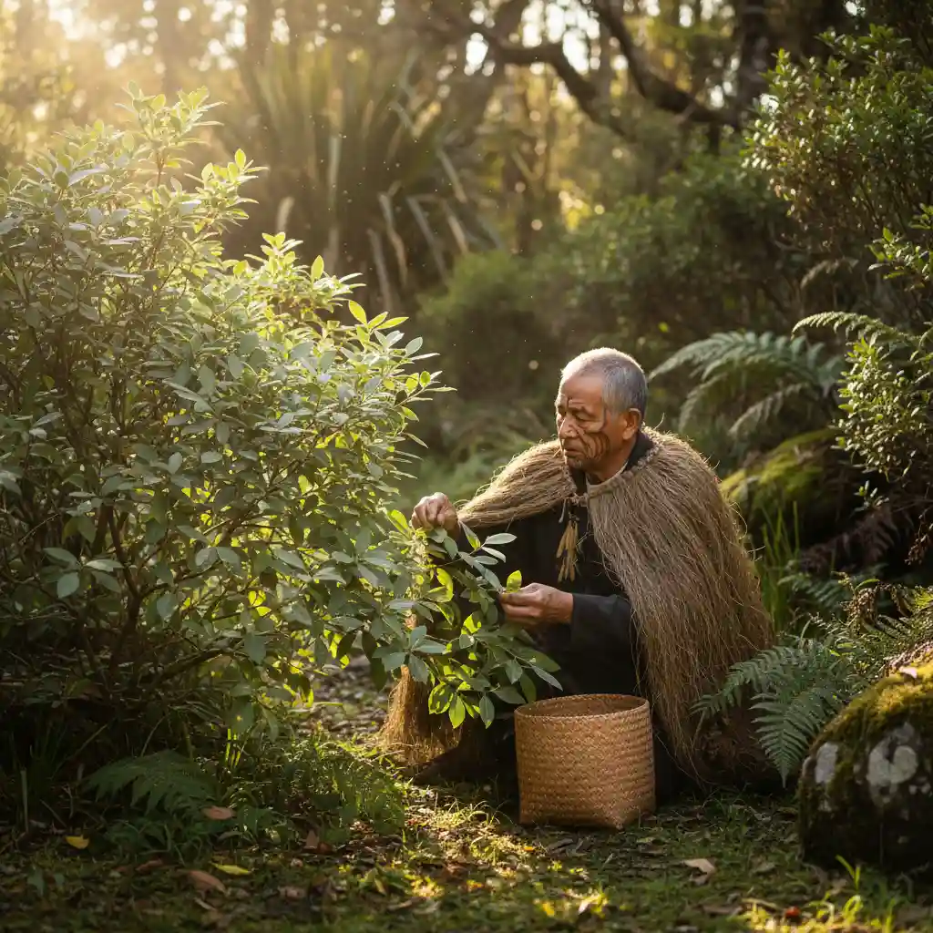 Rongoā practitioner harvesting Kumarahou for menopause remedies