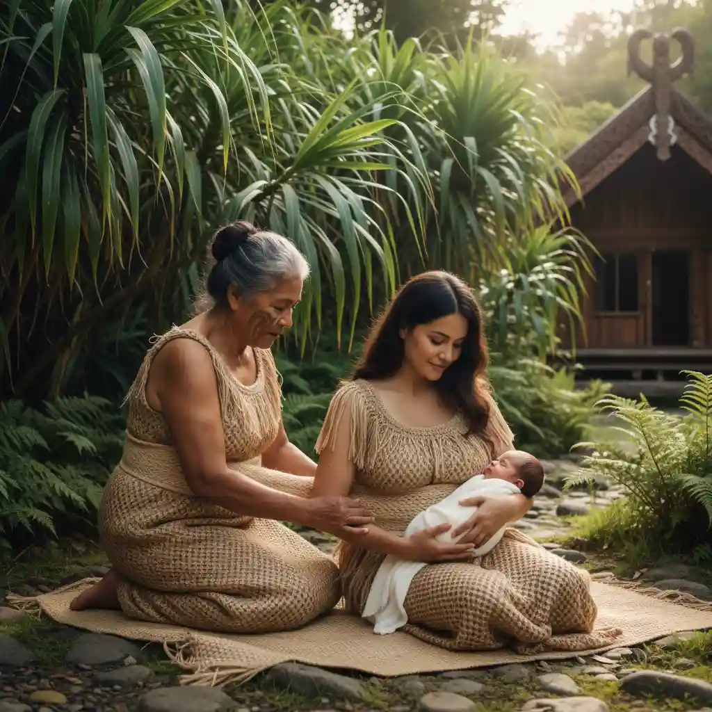 Māori kuia performing traditional muka abdominal binding on new mother