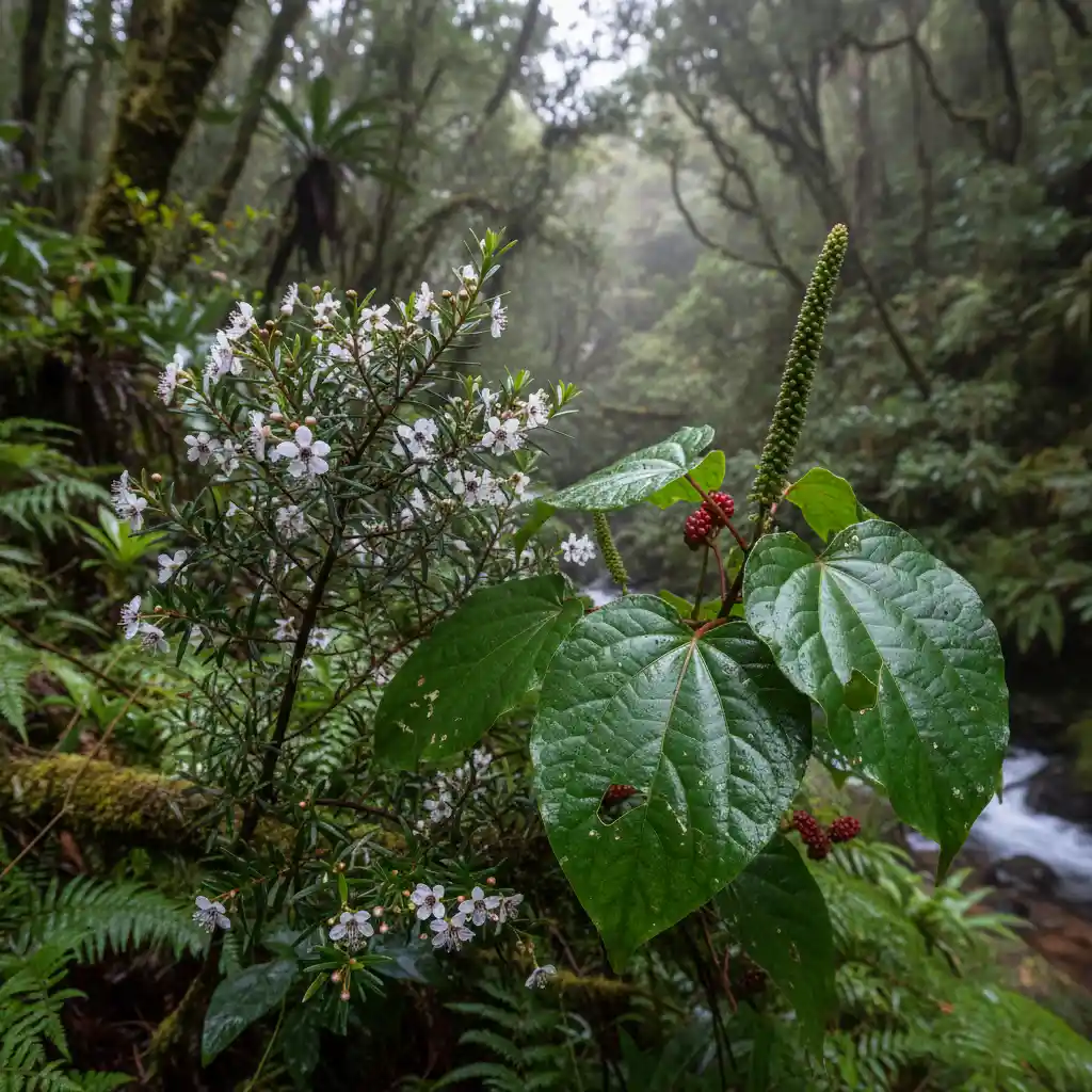 Manuka and Kawakawa plants, key ingredients for natural eczema treatment NZ, in a forest