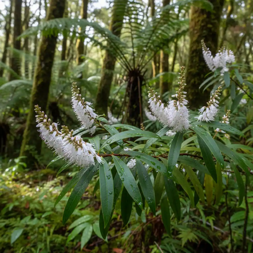Koromiko plant with white flowers, a traditional Māori medicinal herb
