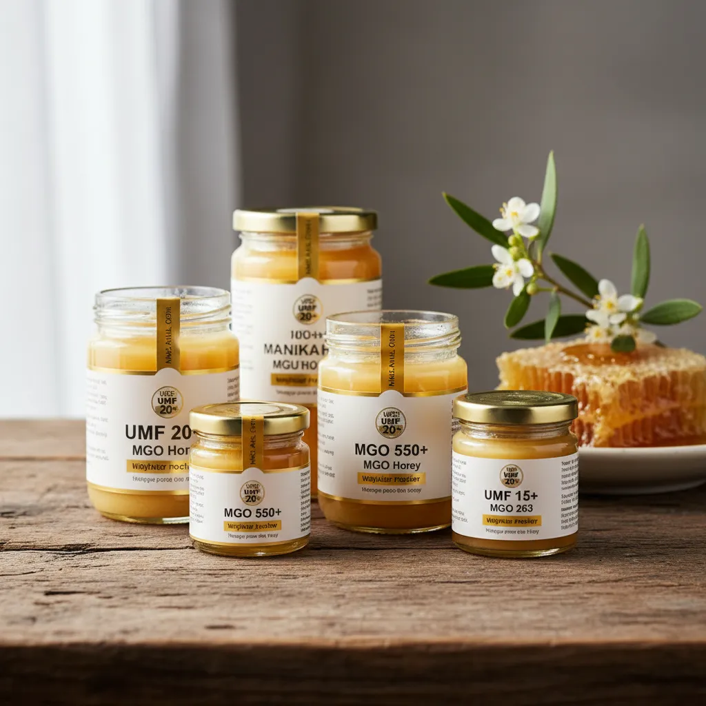 Assortment of Manuka honey jars with UMF and MGO ratings, signifying diverse product options