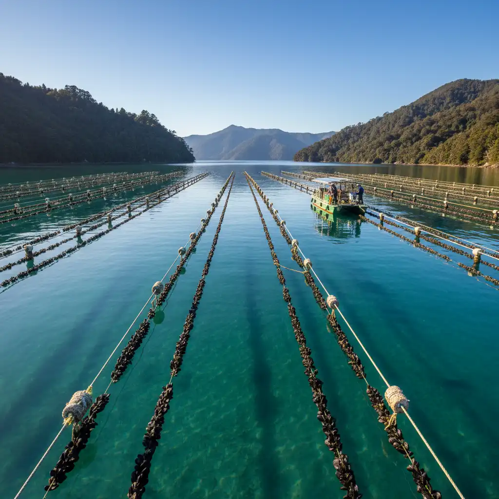 Sustainable Green Lipped Mussel aquaculture farm in New Zealand