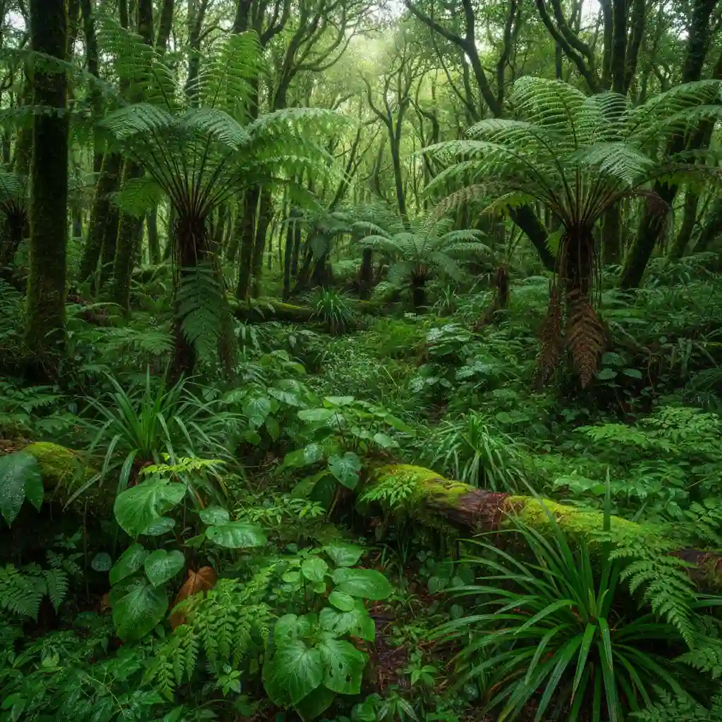 Diverse native rongoa plants in a New Zealand forest ecosystem