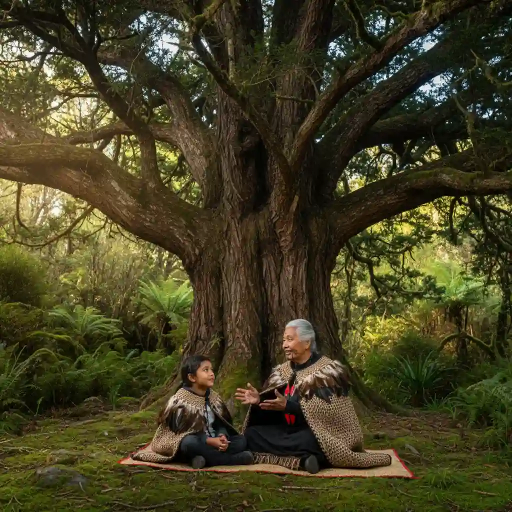 Māori elder teaching a child under a Totara tree representing whakapapa healing