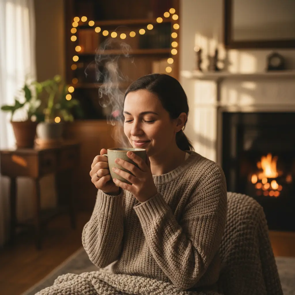 Woman enjoying Kawakawa tea for restful sleep during menopause