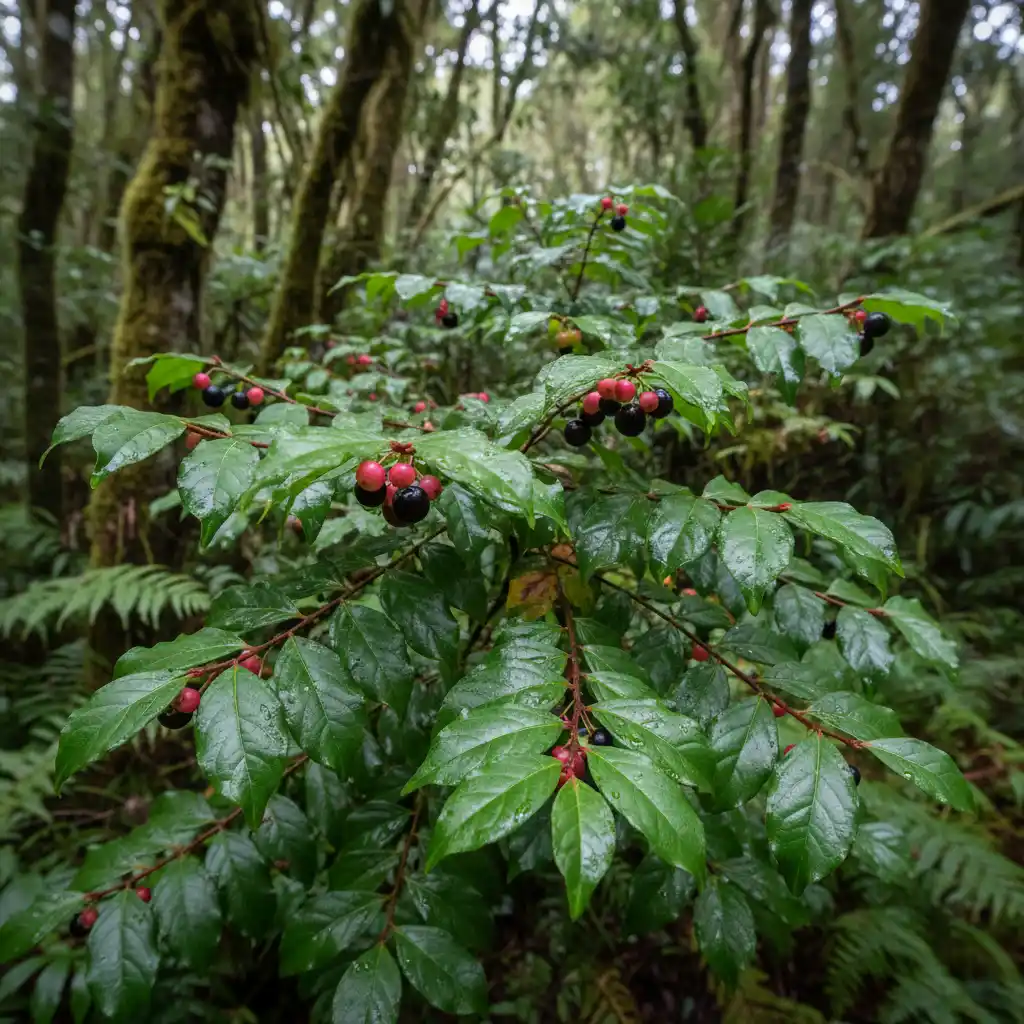Tupakihi plant (Coriaria ruscifolia) with leaves and berries in native bush