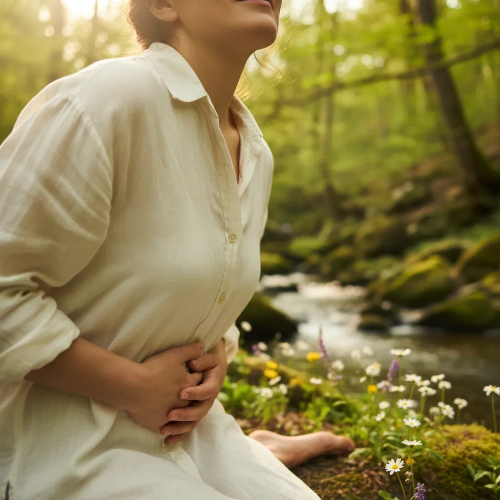 Person experiencing abdominal discomfort but finding solace in nature