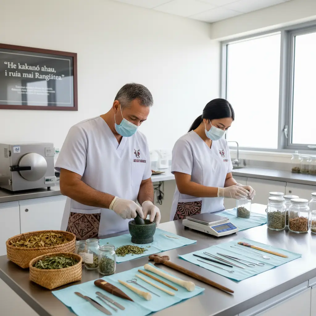 Rongoā Māori practitioners preparing traditional remedies with natural ingredients