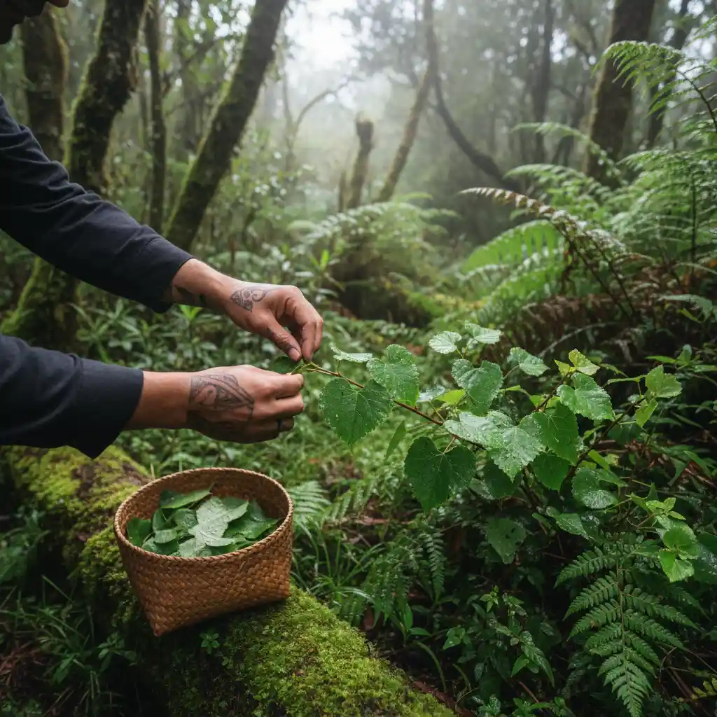 Traditional Rongoā Māori harvesting of Kawakawa leaves