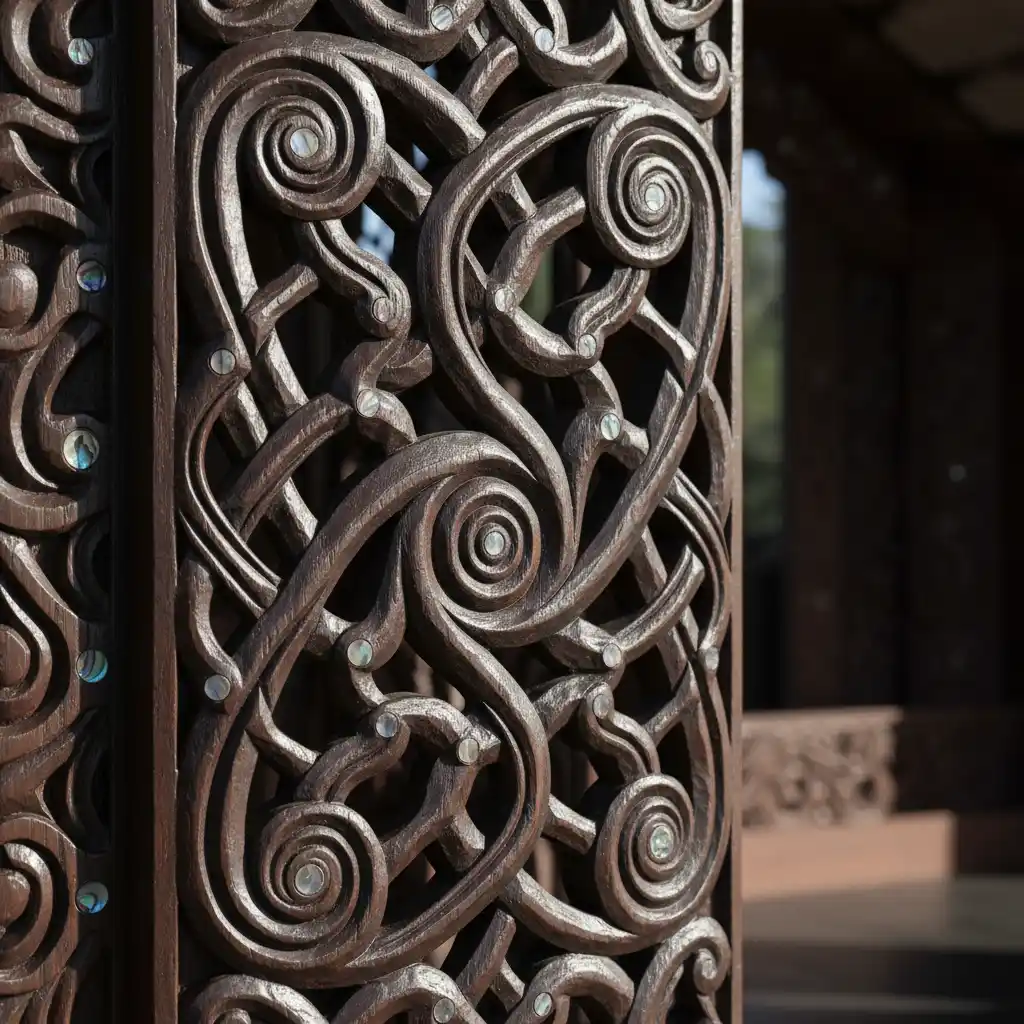 Intricate Maori carvings representing the flow of mauri