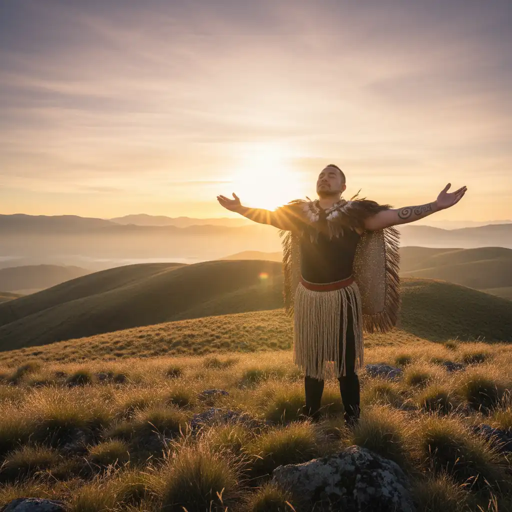 Māori person practicing Hā breathing techniques for stress management at sunrise
