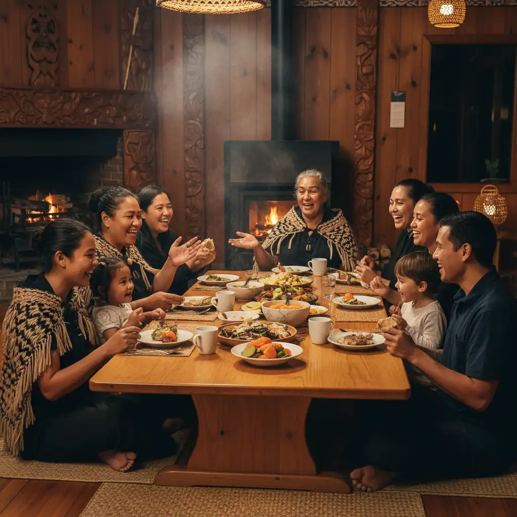 Māori family gathered in a wharenui representing collective whānau wellness