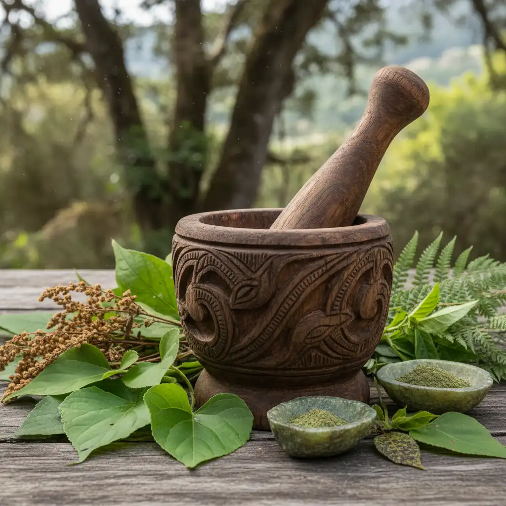 Traditional Rongoā preparation equipment and medicinal herbs