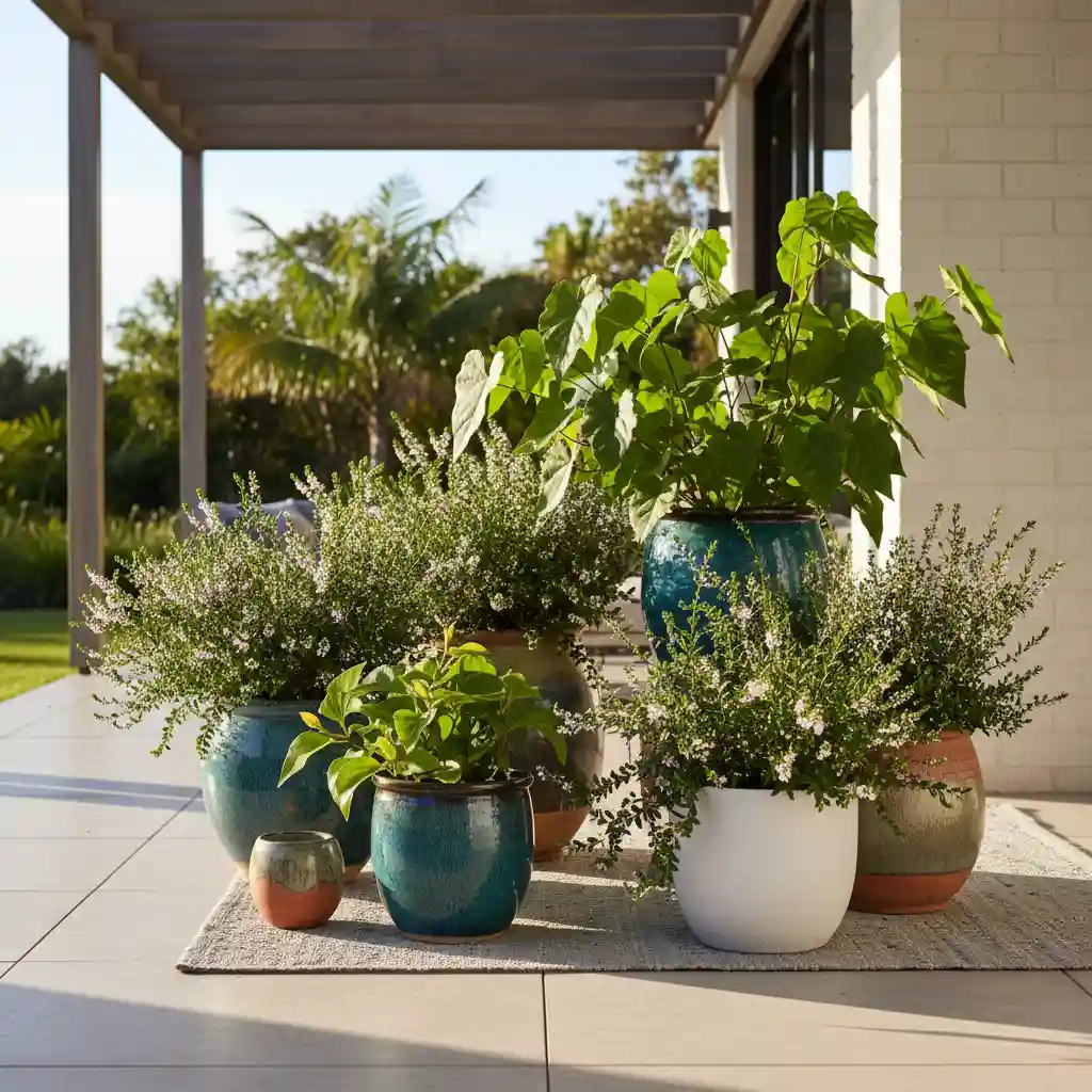 Potted Koromiko and Kawakawa in a contemporary urban setting