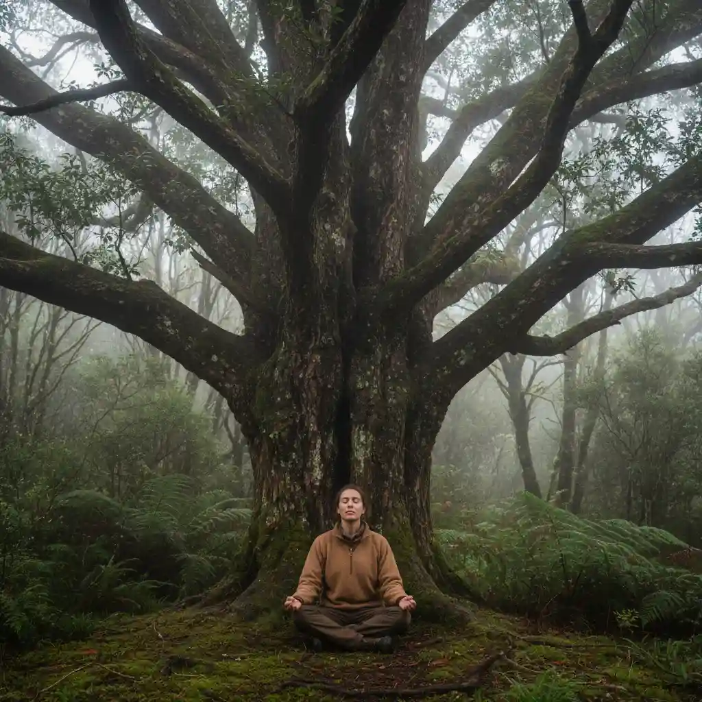 Practicing mindfulness under a Tōtara tree in the NZ bush