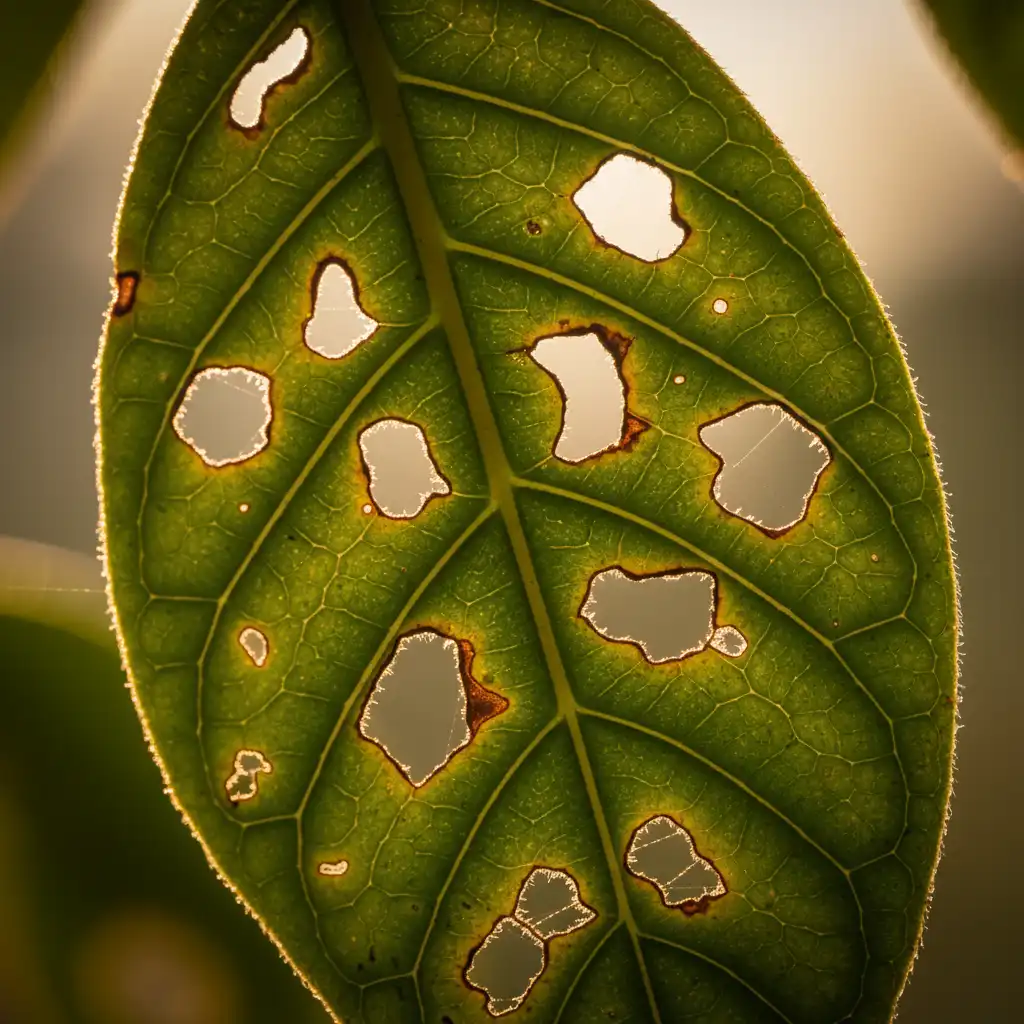 Close-up of Kawakawa leaf showing looper moth holes