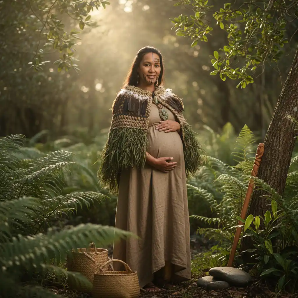 Pregnant Māori woman with rongoā plants, representing safe traditional healing