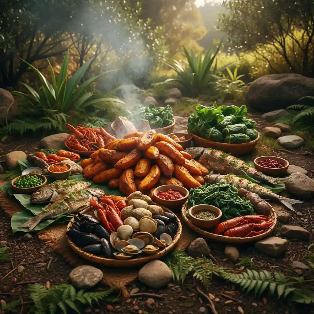 Traditional Māori hāngi feast with nutrient-rich foods for gut health