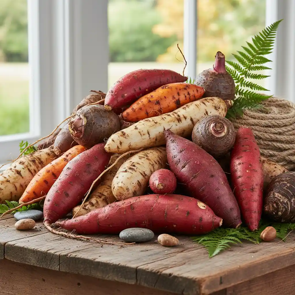 Selection of New Zealand native root vegetables on a wooden surface