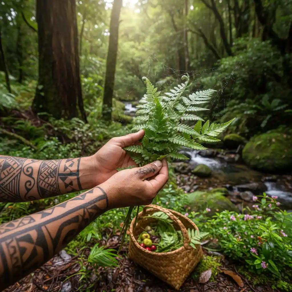 Māori kaitiaki practicing sustainable harvesting of native plants
