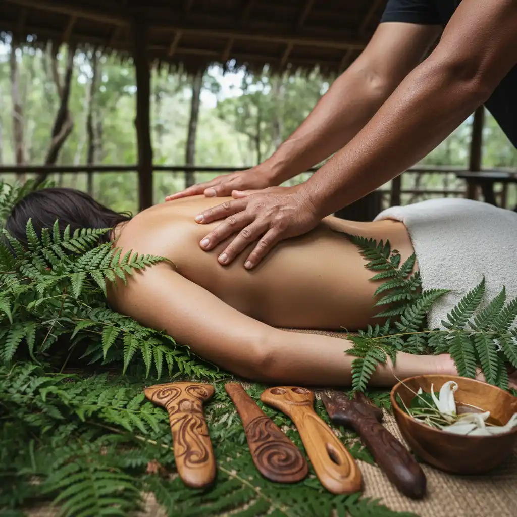Rongoā Māori practitioner performing traditional bodywork for trauma release