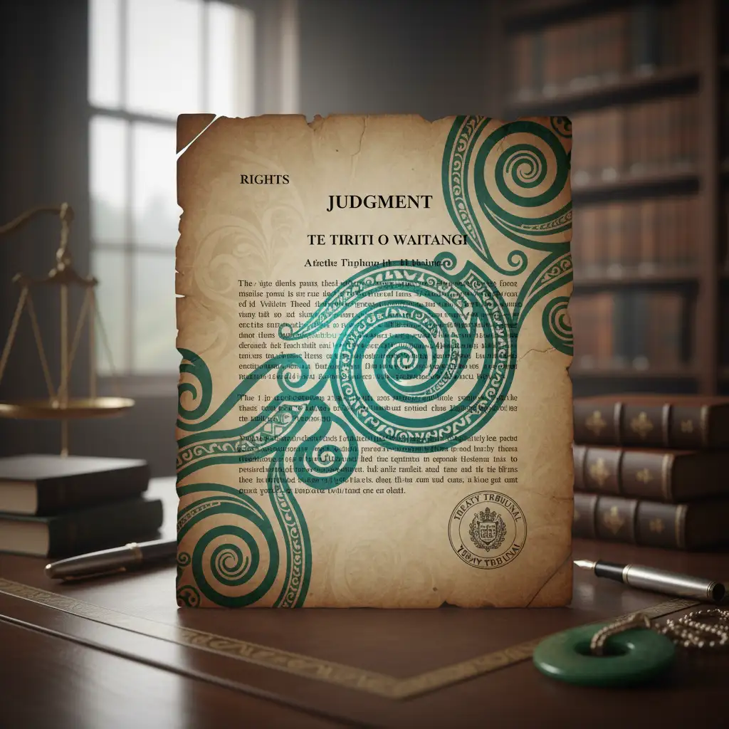 Legal documents and Māori art representing intellectual property rights