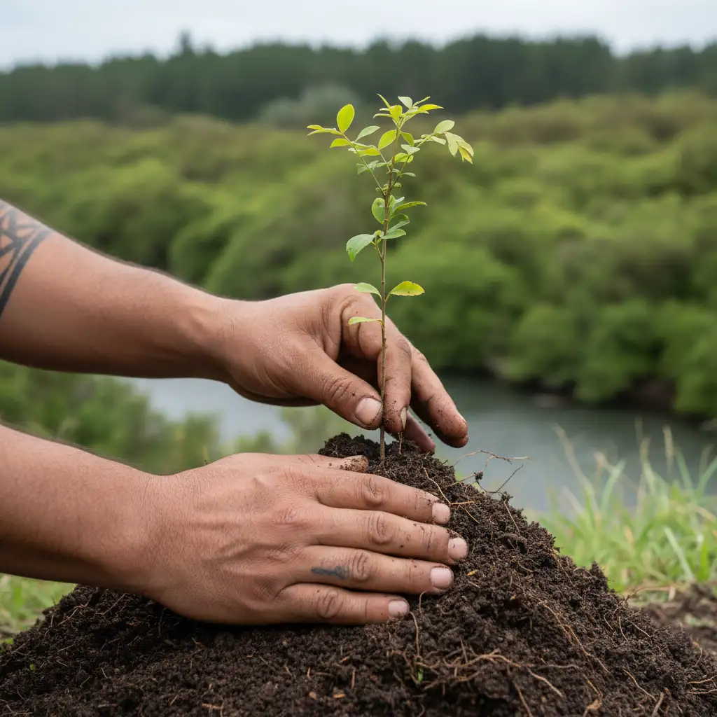 Hands planting a tree seedling representing the concept of kaitiakitanga and self-care