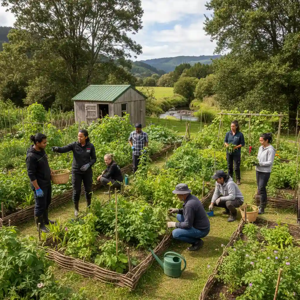 Community rongoa garden with people harvesting and learning together